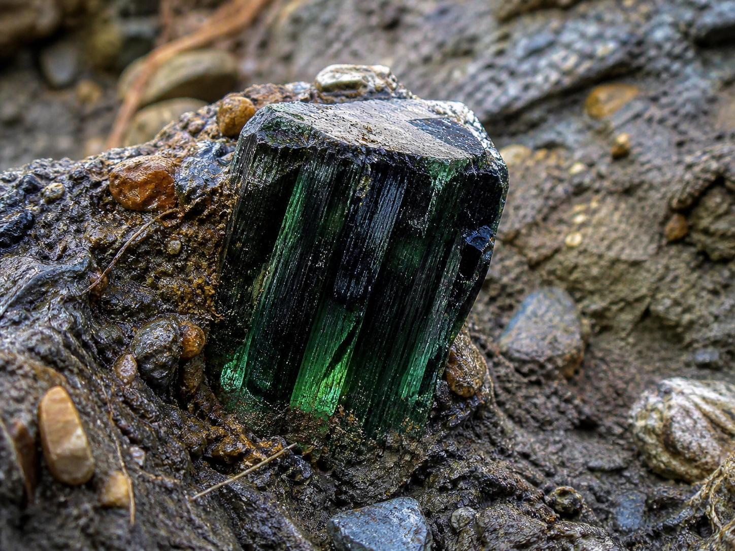 Gema verde bruta ainda presa à matriz rochosa